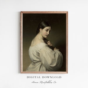 Portrait of a Brown-Haired Woman | Antique Oil Painting for Digital Download | Dark Academia Decor | Moody Vintage Artwork | Fine Art Print