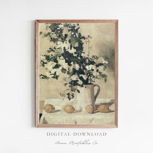 Flowers and Lemons | Antique Oil Painting for Digital Download | Fine Art Prints | Still Life Scene Print | Muted Tone Printable Wall Art