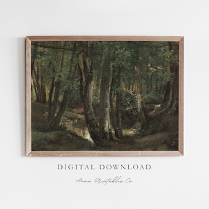 Vintage Painting of a Forest Digital Download, Forestcore Printable Wall Art, Antique Art Print Download, Green Wall Decor, Cottagecore Art