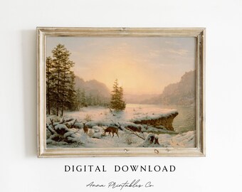 1800s Sunset over a Winter Landscape Painting | Vintage Reindeer Artwork | Snowy Scene Printable Wall Art | Antique Christmas Print Decor