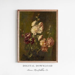 Moody Floral Antique Painting Digital Download, Dark Flower Printable Wall Art, Olive Green Wall Decor, Antique Botanical Art Print Download