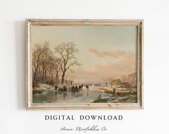 Antique Frozen Canal Painting DIGITAL DOWNLOAD | Vintage Winter Landscape Printable Wall Art | Rustic Christmas Decor Holiday Fine Art Print