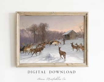 Feeding Fallow Deer in Winter Painting Digital Download | Vintage Christmas Printable Wall Art | Rustic Nature Fine Art Print | Cottage Home