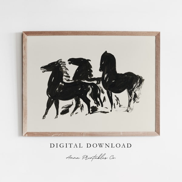 Antique Horse Etching Print Digital Download. Vintage Equestrian Sketch Printable Wall Art, Black and White Wall Decor, Vintage Minimalist