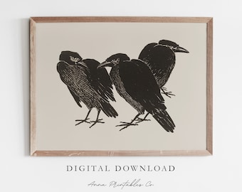 A Murder of Crows | Antique Crow Drawing Art Print for Digital Download | Dark Academia Decor Printable Wall Art | Gothic Art Prints