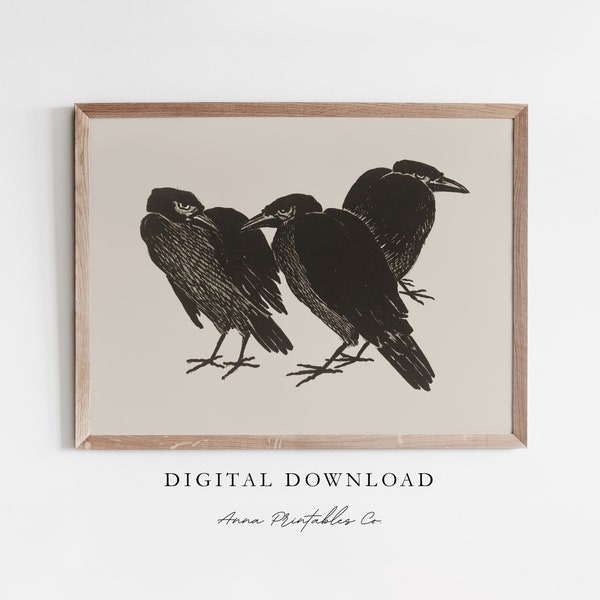 A Murder of Crows | Antique Crow Drawing Art Print for Digital Download | Dark Academia Decor Printable Wall Art | Gothic Art Prints