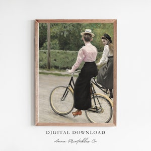 Bike Ride on a Summer Day | Antique Edwardian Painting for Digital Download | Women on Bicycles Printable Wall Art | Vintage Fine Art Print