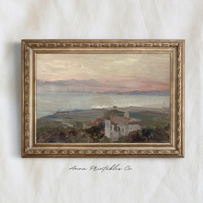 Antique Oil Painting European City by the Sea Wall Art Print, Coastal Painting Printable Wall Art, Landscape Painting Digital Prints, Ocean image 3