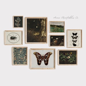 Butterflies and Plants | A Dark Cottagecore Set of 9 Gallery Prints for Digital Download | Dark Academia Printable Wall Art |Forest Painting