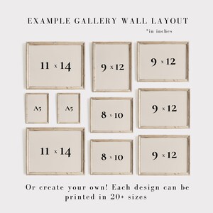 May include: Example gallery wall layout with different sized frames in inches. The frames are arranged in a grid pattern with two large frames at the top, two smaller frames in the middle, and three frames at the bottom. The frames are all white and have a simple design.