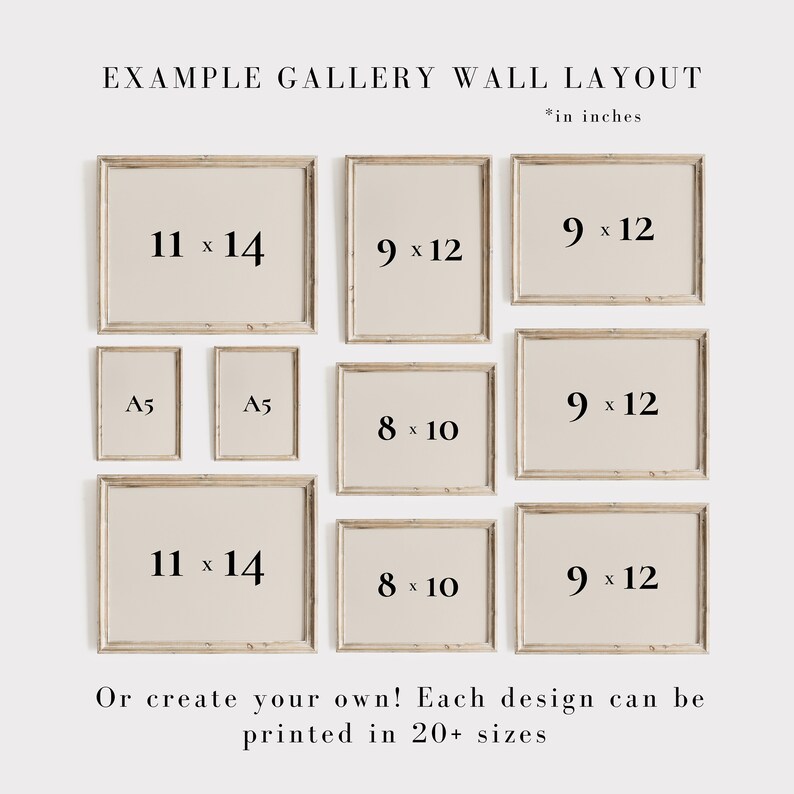 May include: Example gallery wall layout with different sized frames in inches. The frames are arranged in a grid pattern with two large frames at the top, two smaller frames in the middle, and three frames at the bottom. The frames are all white and have a simple design.