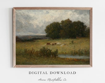 Grazing Cattle | Vintage Pastoral Landscape Painting for Digital Download | Cottagecore Printable Wall Art | Farmhouse Decor Art Prints