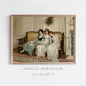 Puede incluir: Tres mujeres con elegantes vestidos se sientan en un lujoso sofá de color dorado en una habitación ricamente decorada. Las mujeres visten tonos de verde, blanco y azul, y parecen estar enfrascadas en una conversación. Una rama de muérdago cuelga sobre el sofá, añadiendo un toque festivo a la escena.