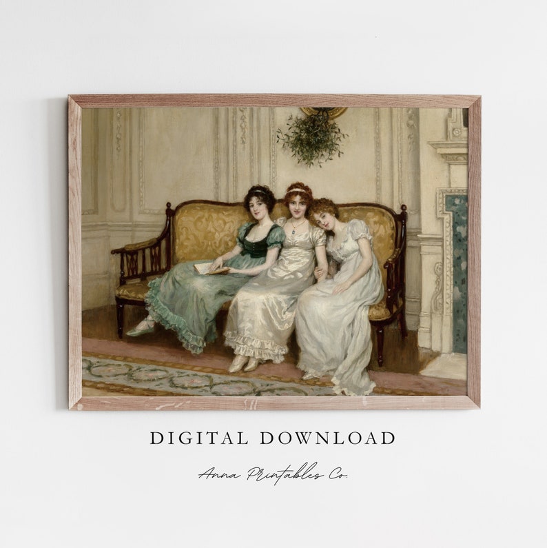 May include: Three women in elegant dresses sit on a plush, gold-colored sofa in a richly decorated room. The women are dressed in shades of green, white, and blue, and they appear to be engaged in conversation. A sprig of mistletoe hangs above the sofa, adding a festive touch to the scene.