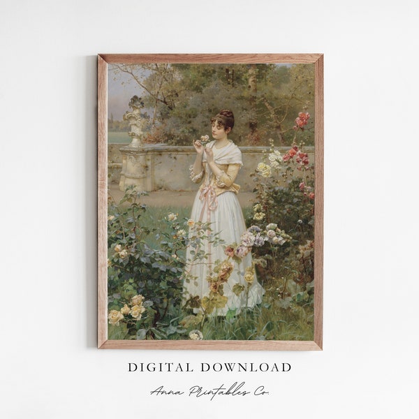 A Rose Amongst Roses | Antique Painting of a Young Woman in a Rose Garden for Digital Download | Vintage Cottagecore Printable Wall Art