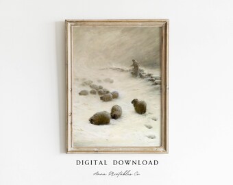 Antique Shepherd and Sheep in a Snow Storm Painting DIGITAL DOWNLOAD | Vintage Christmas Printable Wall Art | Cottage Farmhouse Decor