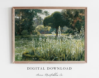 Summer Hyacinths Vintage Landscape Painting Digital Download, Antique Oil Painting Printable Wall Art, Summer Decor Art Print Download