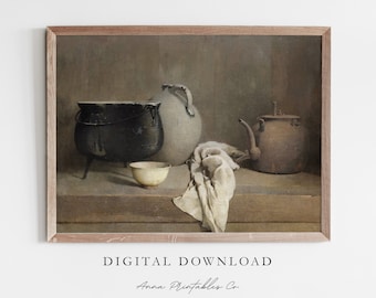 May include: A still life painting of a black cast iron pot, a white ceramic pitcher, a brown metal teapot, and a white ceramic bowl on a wooden table.