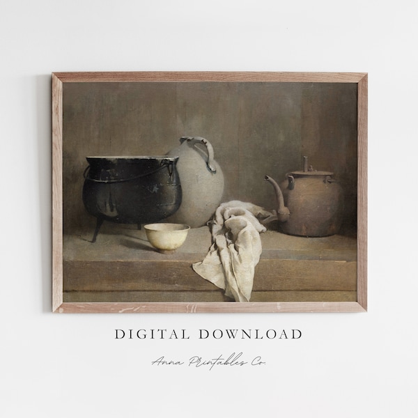 Still Life with Pots Antique Oil Painting Digital Download, Vintage Kitchen Printable Wall Art, Dining Room Decor, Rustic Farmhouse Kitchen