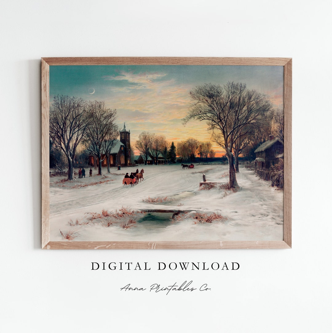Vintage Snowy Village Painting DIGITAL DOWNLOAD | Winter Landscape ...