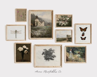 May include: A gallery wall featuring nine framed prints with various nature-inspired themes. The prints include a dragonfly, butterflies, flowers, a landscape with a building, and a tree. The frames are all a light wood color.