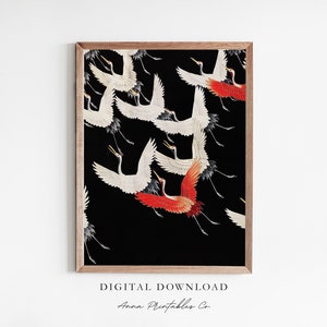 Vintage Japanese Cranes in Flight Art Print Digital Download, Asian Decor Printable Wall Art, Antique Japanese Bird Wall Art Download
