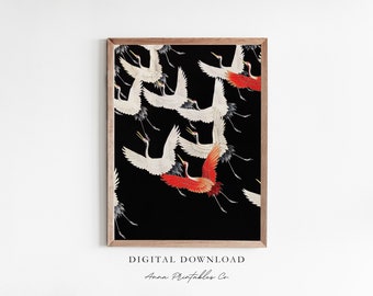 Vintage Japanese Cranes in Flight Art Print Digital Download, Asian Decor Printable Wall Art, Antique Japanese Bird Wall Art Download