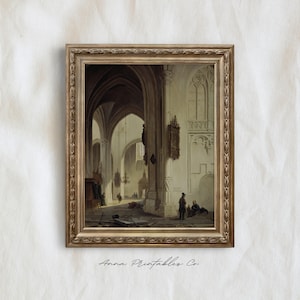 May include: A framed painting depicting the interior of a church with high vaulted ceilings and arched doorways. The painting is in a gold frame and features a group of people standing in the church.