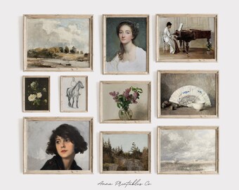 May include: A gallery wall featuring nine framed prints with various subjects, including landscapes, portraits, and still lifes. The prints are all in a similar style, with a light beige frame and a white mat.