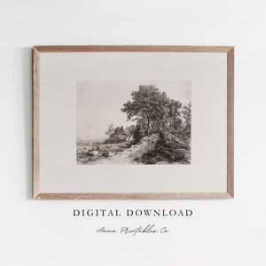 May include: A black and white vintage illustration of a landscape with a small house, trees, and a path leading to the house. The illustration is framed in a light wood frame.