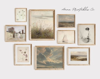 Neutral Hues | Fine Art Gallery Wall Set of 9 Prints for Digital Download | Light Academia Printable Wall Art | Antique Neutral Tone Decor
