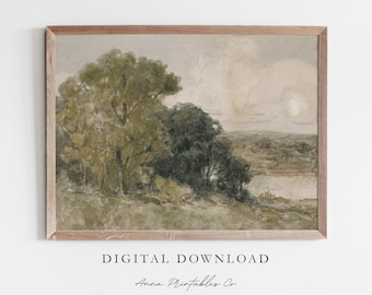 Descarga digital de paisaje de acuarela silenciada vintage, arte de pared imprimible en tono neutro, descarga de impresión de arte de paisaje forestal, acuarela antigua