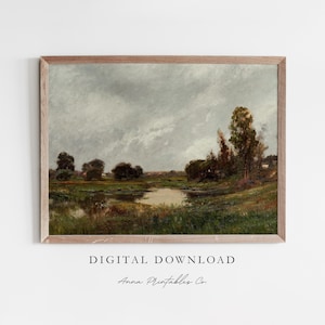 May include: A digital download of a painting depicting a landscape with a river winding through a field of green grass. The sky is cloudy and gray, with hints of blue. The trees are a mix of green and brown.
