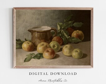 May include: A still life painting of a brown ceramic pitcher and a group of yellow apples with green leaves on a brown background.