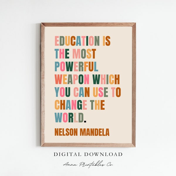 Nelson Mandela Inspirerend Onderwijs Citaat Digitale Download, Afdrukbare Muurkunst, Schoolposters, Klaslokaalmuurdecor, Inspirerend Citaat