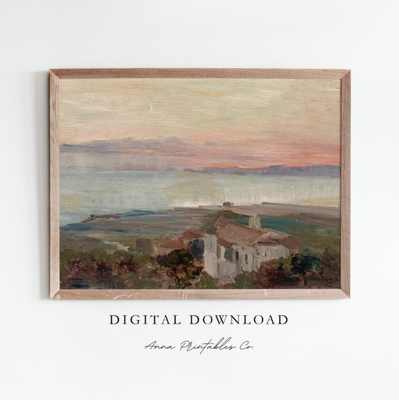 Antique Oil Painting European City by the Sea Wall Art Print, Coastal Painting Printable Wall Art, Landscape Painting Digital Prints, Ocean