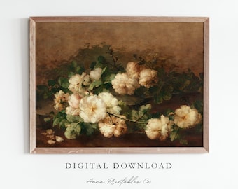 May include: A vintage painting of a bouquet of white roses with green leaves on a brown background. The roses are arranged in a loose, natural style, and the painting has a soft, romantic feel.