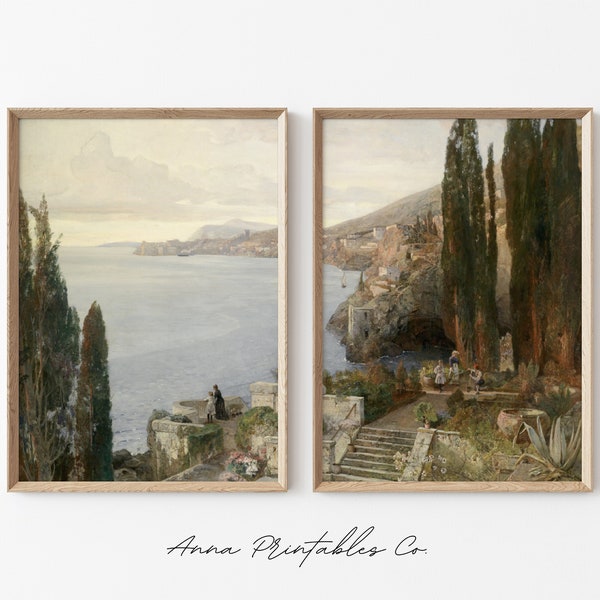 Mediterranean Cityscape Set of 2 Prints | Antique 2 Piece Printable Wall Art | Vintage European City Fine Art Print | Victorian Oil Painting