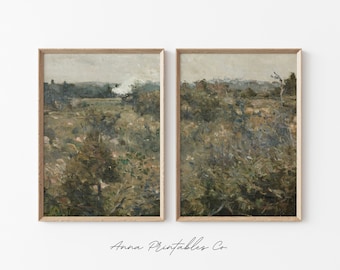 Green Meadow Set of 2 | Antique Landscape Painting Set of 2 Prints Digital Download | Vintage Two Piece Printable Wall Art | Fine Art Print