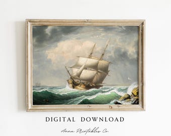 Brig off the Maine Coast Painting DIGITAL DOWNLOAD | Vintage Ship Printable Wall Art | Seascape Painting | Nautical Art Print Aesthetic