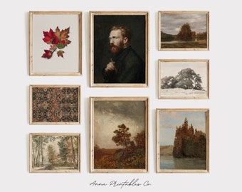 Antika höstkonsttryck, set med 8, DIGITAL NEDLADDNING | Vintage höstväggset | Maximalistisk inredning, utskrivbar väggkonst | Stuga