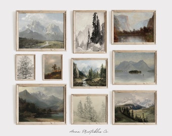 Rustic Mountain Gallery Wall Set of 10 Fine Art Prints Digital Download | Vintage Landscape Printable Wall Art Bundle | Antique Cabin Decor