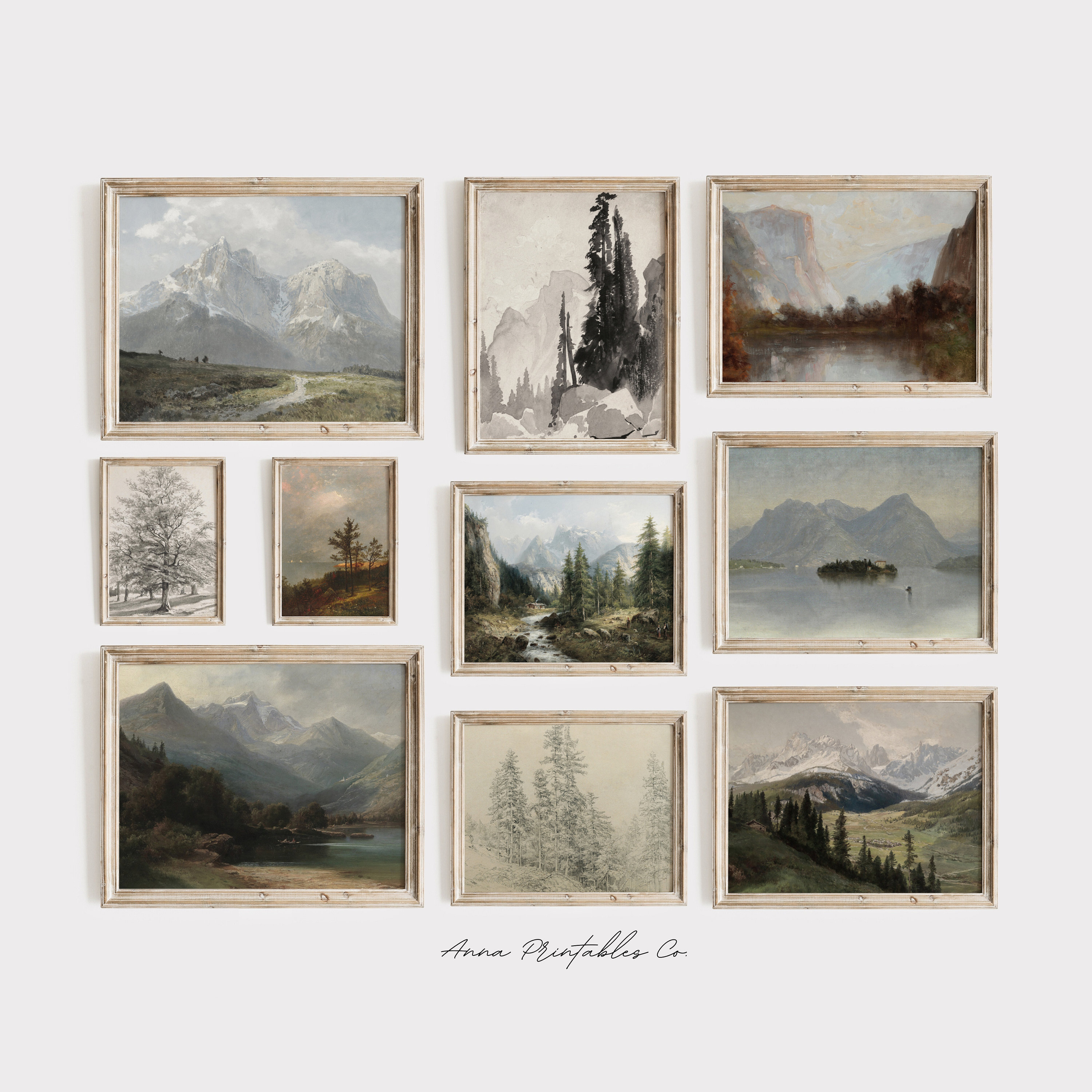Rustic Mountain Gallery Wall Set of 10 Fine Art Prints Digital Download | Vintage Landscape Printable Wall Art Bundle | Antique Cabin Decor