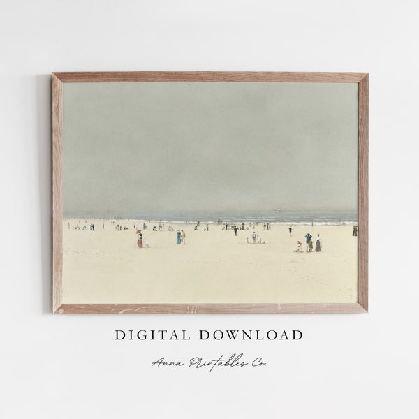 Hazy Day at the Beach | Antique Coastal Scene Painting for Digital Download | Seascape Printable Wall Art | Vintage Landscape Print