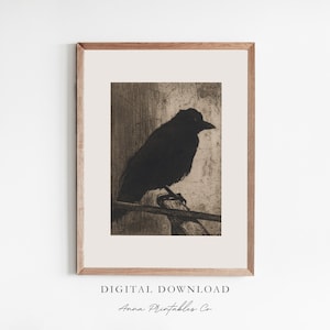 May include: A black and white digital illustration of a crow perched on a wooden fence post. The crow is facing to the right and has a detailed, textured appearance.