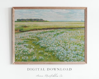 Field of Flowers Landscape Painting Digital Download, Vintage Fine Art, Cottagecore Printable wall Art, Light Academia Wall Art Prints