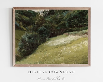 Lush Hillside | Spring Landscape Vintage Oil Painting for Digital Download | Lush Green Scene Printable Wall Art | Antique Farmhouse Decor
