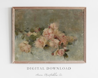 Pile of Pink Roses | Antique Pink Flower Painting for Digital Download | Vintage Floral Printable Wall Art | Cottagecore Decor | Fine Art