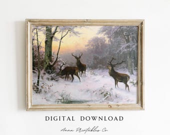 1800s Reindeer in a Snowy Landscape Painting DIGITAL DOWNLOAD | Vintage Winter Scene Printable Wall Art | Rustic Nature Christmas Print