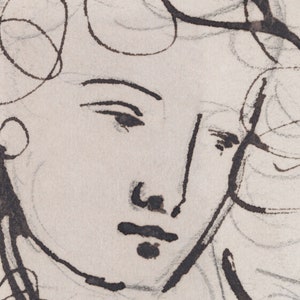 May include: A black and white ink drawing of a person's face. The drawing is done in a loose, expressive style, with emphasis on the eyes and mouth.